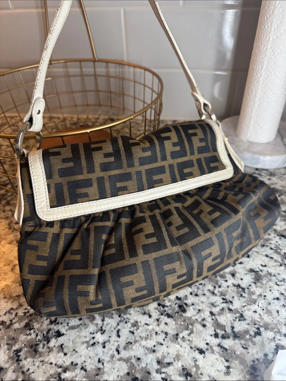 Fendi Zucca Baguette FF Logo Shoulder Bag in Brown and Cream - Picture 8 of 8